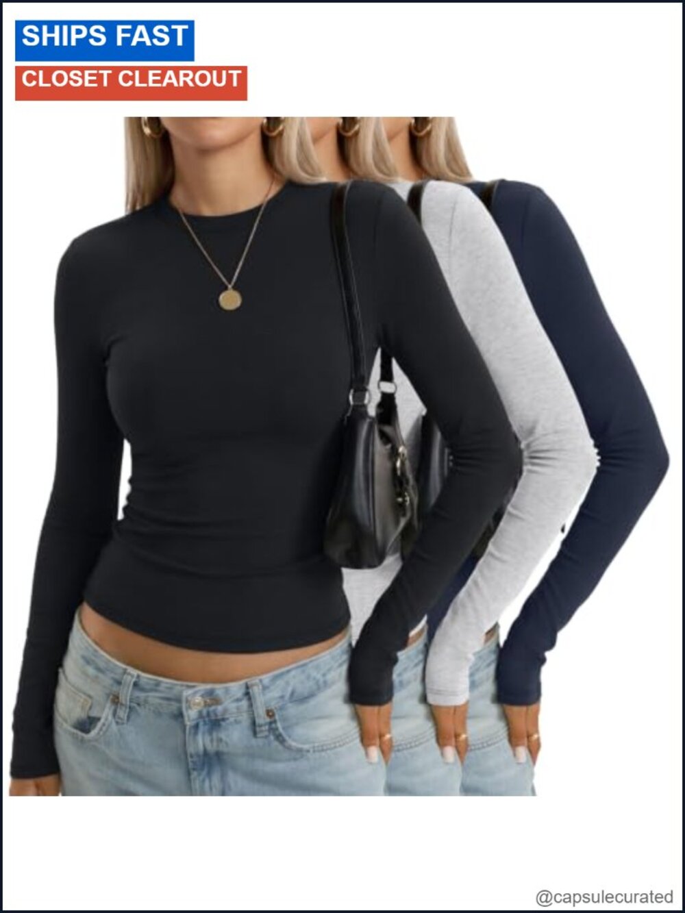 EasyGala 3 Pack Womens Cotton Crew Neck Long Sleeve Fitted Tops Y2K
